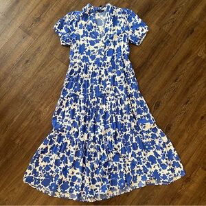 Zara Blue White Floral Tiered Midi Dress Boho Cottagecore Viscose XS